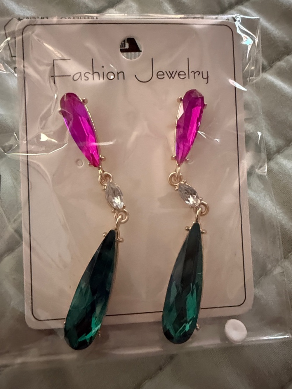 Fashion Jewelry Fuchsia and Emerald Glass Teardrop Dangle Earrings